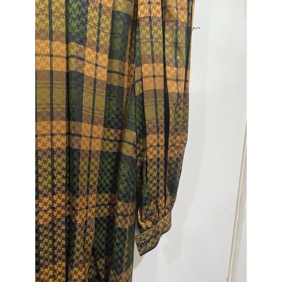 James Galanos Sz XS Silk Dress Shift Green Brown Plaid Long Bishop Sleeves MIDI - Picture 4 of 15